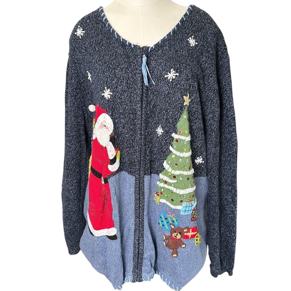 Main Street Blues Christmas Cardigan‎ Women 1X Blue Santa Claus Embroidered Zip
